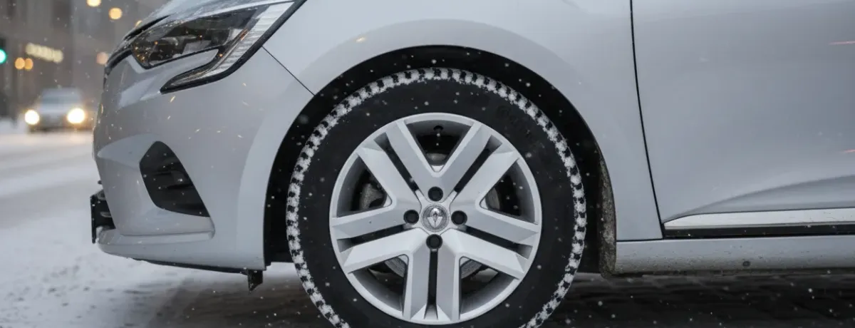 Roue avant d'une voiture circulant sous la neige en ville