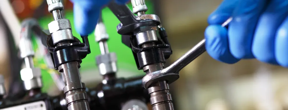 Mécanicien démontant un injecteur de carburant à la clé sur un moteur