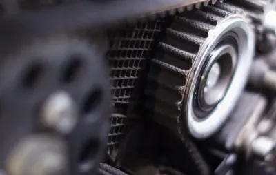Gros plan sur la courroie de distribution et la poulie d'un moteur 1.2 PureTech